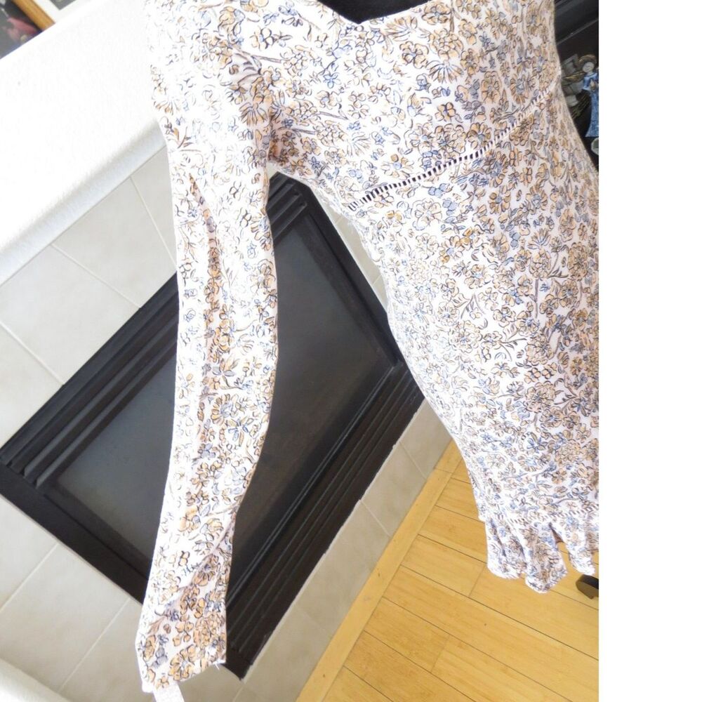 Free People Women's Boheme Floral Mini Dress Square Neck Boho Ivory 4 EUC - Picture 5 of 11